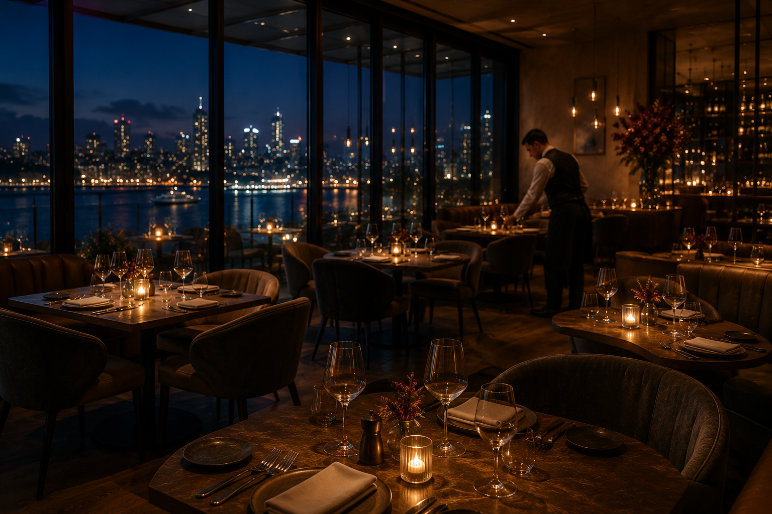Waterfront hotel restaurant during evening service in Auckland