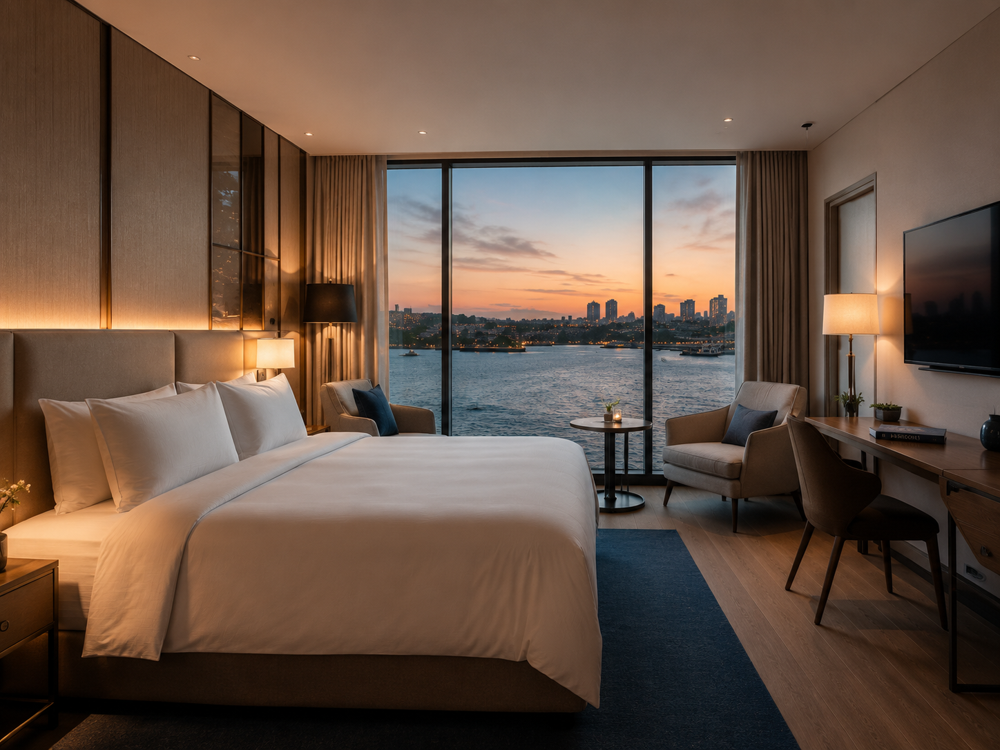Harbour-view room at a top-rated Auckland waterfront hotel